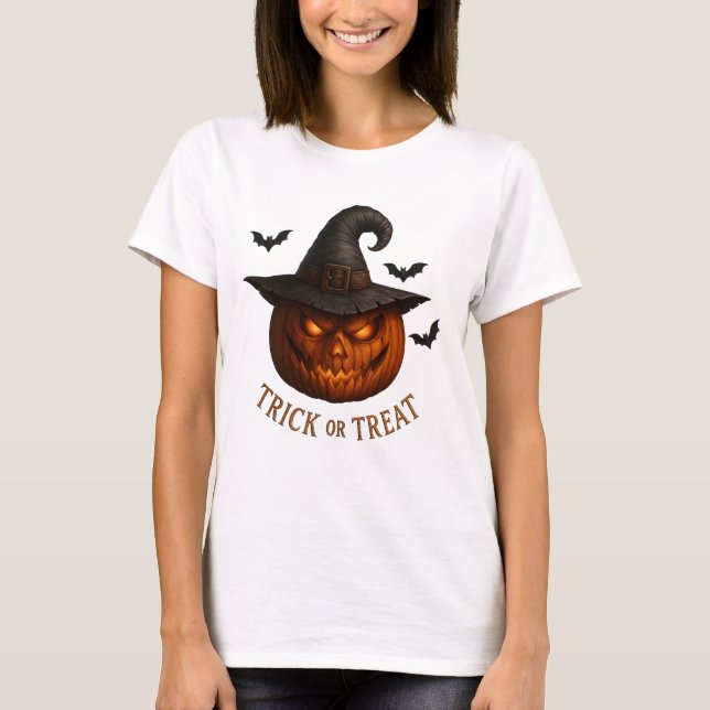 Trick or Treat Pumpkin Witch Hat Halloween Design T-Shirt (Front)