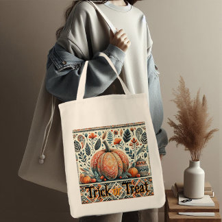 Trick or Treat Pumpkins Fall Foliage Bohemian Art Tote Bag
