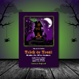 Trick or Treat Purple Witch House Halloween Invitation
