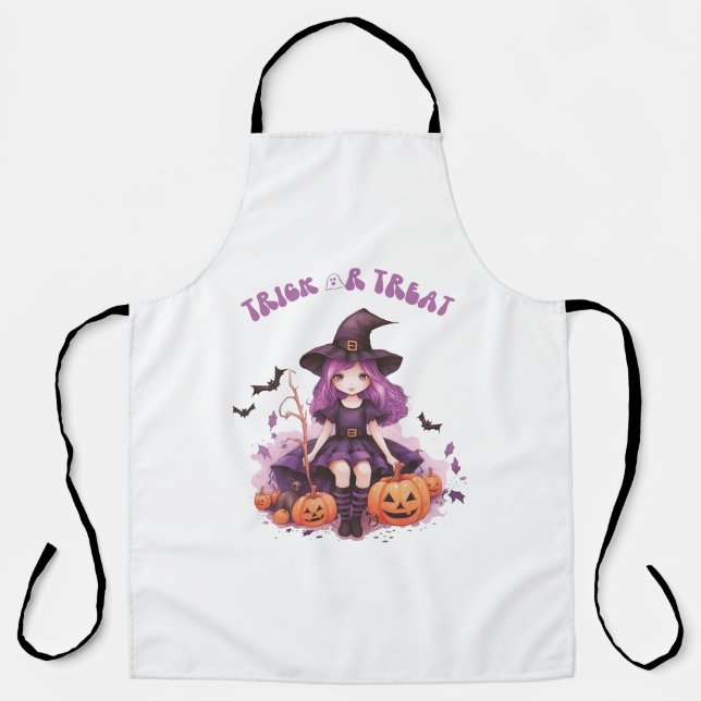 Trick or Treat Purple Witch Pumpkins & Bats Apron (Front)