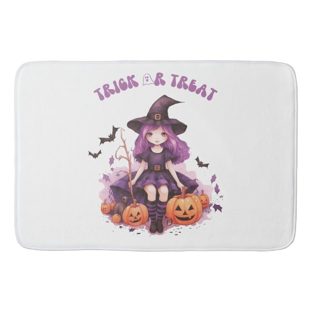 Trick or Treat Purple Witch Pumpkins & Bats Bath Mat (Front)