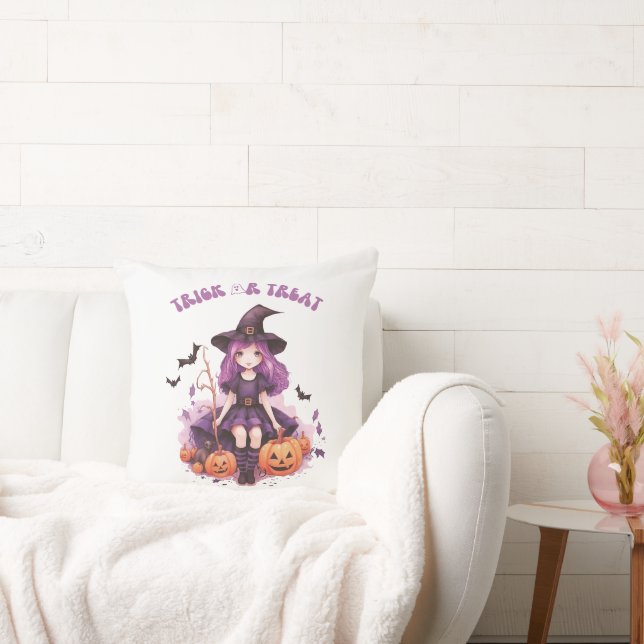 Trick or Treat Purple Witch Pumpkins & Bats Cushion (Couch)