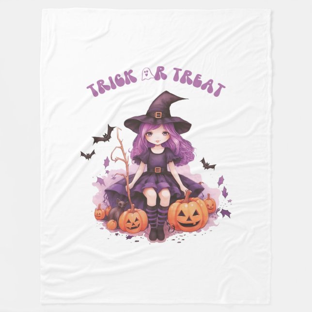 Trick or Treat Purple Witch Pumpkins & Bats Fleece Blanket (Front)