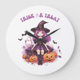 Trick or Treat Purple Witch Pumpkins & Bats Large Clock