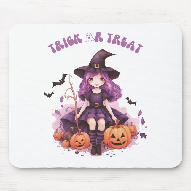 Trick or Treat Purple Witch Pumpkins & Bats Mouse Mat (Front)
