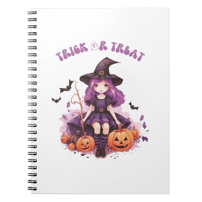 Trick or Treat Purple Witch Pumpkins & Bats Notebook (Front)