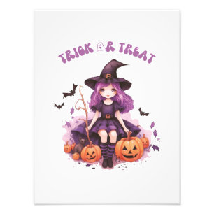 Trick or Treat Purple Witch Pumpkins & Bats Photo Print