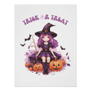 Trick or Treat Purple Witch Pumpkins & Bats Poster