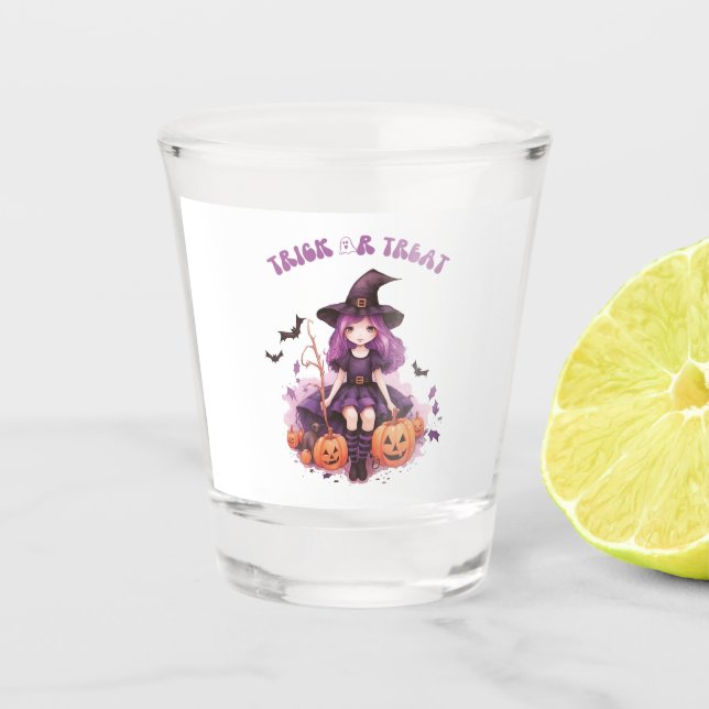 Trick or Treat Purple Witch Pumpkins & Bats Shot Glass (Front)