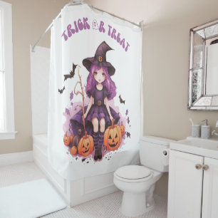 Trick or Treat Purple Witch Pumpkins & Bats Shower Curtain
