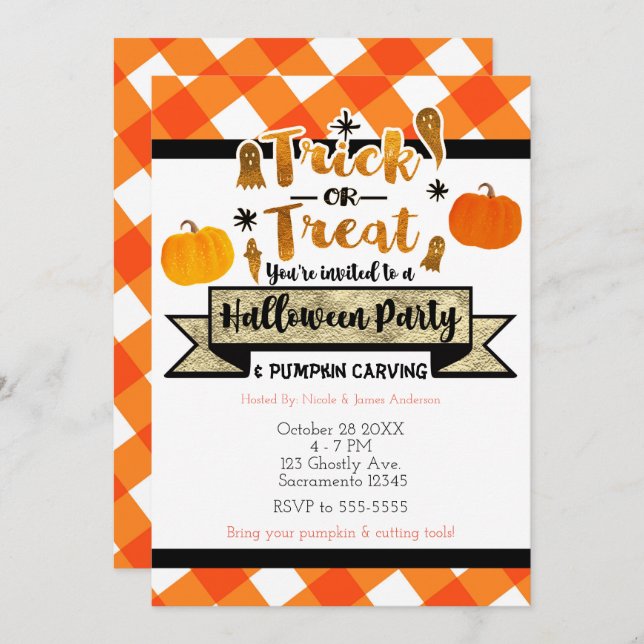 Trick or Treat Rustic Orange Halloween Party Invitation (Front/Back)