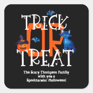 Trick or Treat Script Halloween Party Name Black Square Sticker