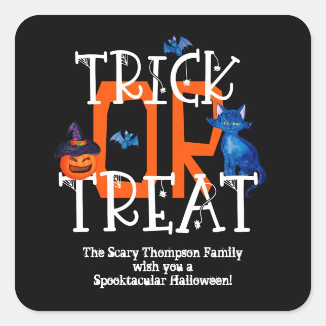 Trick or Treat Script Halloween Party Name Black Square Sticker (Front)