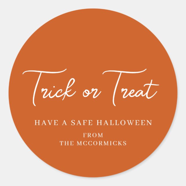 Trick or Treat Script Orange Halloween Favour Name Classic Round Sticker (Front)
