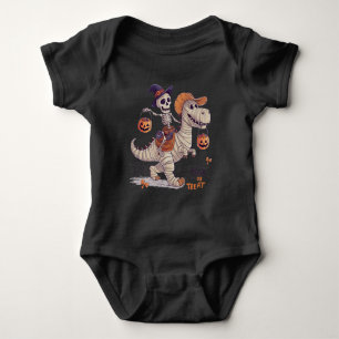 trick-or-treat skeleton riding mummified dinosaur baby bodysuit