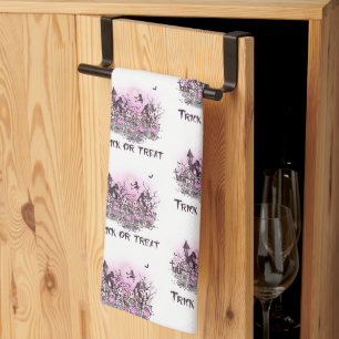Trick or Treat Skeletons Witch White Halloween Tea Towel