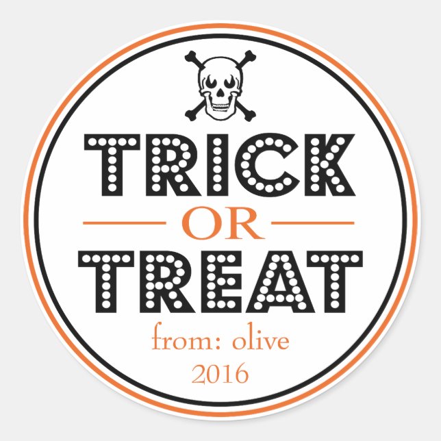 Trick Or Treat Skull & Crossbones (Black / Orange) Classic Round Sticker (Front)
