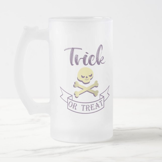 Trick or treat skull crossbones Halloween ribbon  Frosted Glass Beer Mug (Left)