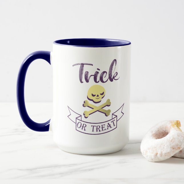 Trick or treat skull crossbones Halloween ribbon  Mug (With Donut)