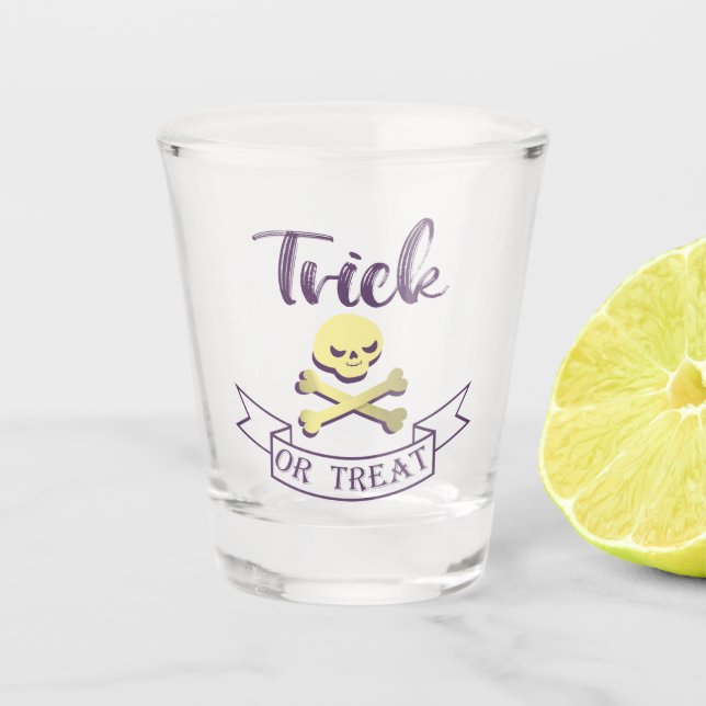 Trick or treat skull crossbones Halloween ribbon Shot Glass (Front)