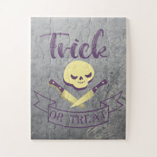 Trick or treat skull crossbones Halloween ribbon T Jigsaw Puzzle