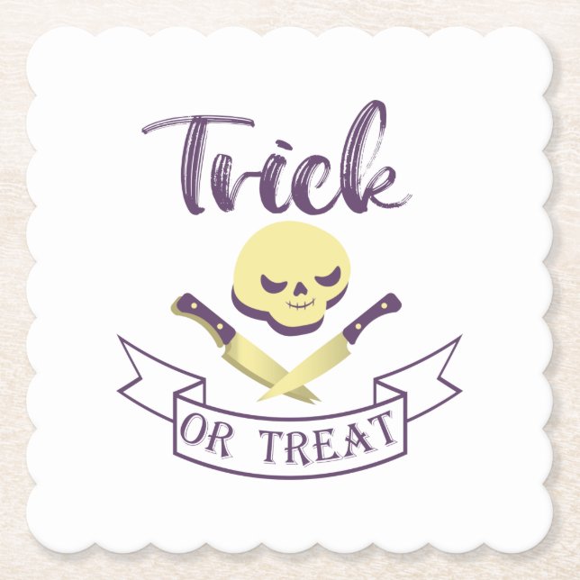 Trick or treat skull crossbones Halloween ribbon T Paper Coaster (Front)