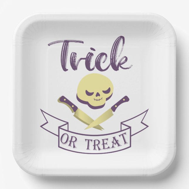 Trick or treat skull crossbones Halloween ribbon T Paper Plate (Front)