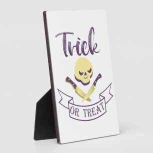 Trick or treat skull crossbones Halloween ribbon T Plaque