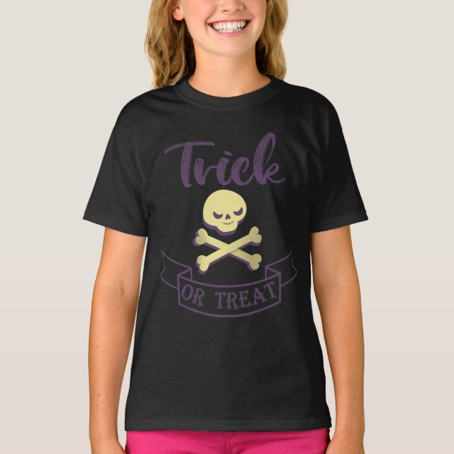 Trick or treat skull crossbones Halloween ribbon T T-Shirt (Front)