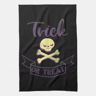 Trick or treat skull crossbones Halloween ribbon Tea Towel