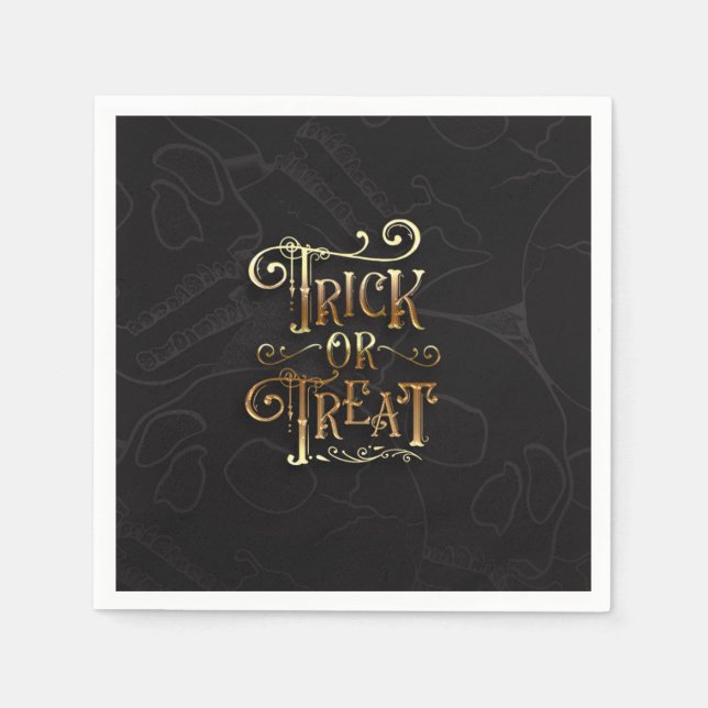 Trick or Treat Skulls Black & Gold Halloween Party Napkin (Front)