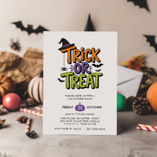 TRICK OR TREAT SPIDERS WITCH HAT HALLOWEEN BASH INVITATION