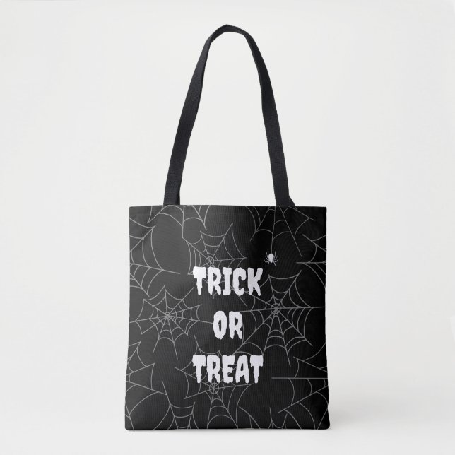 Trick or Treat Spiderweb Black Halloween Tote Bag (Front)