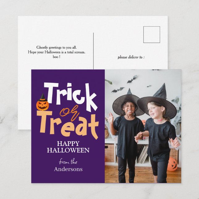 Trick or Treat | Spooky Halloween Family Photo  Holiday Postcard (Front/Back)