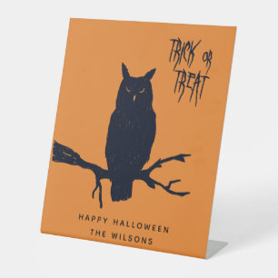 Trick or Treat - Spooky Owl - Orange Halloween  Pedestal Sign