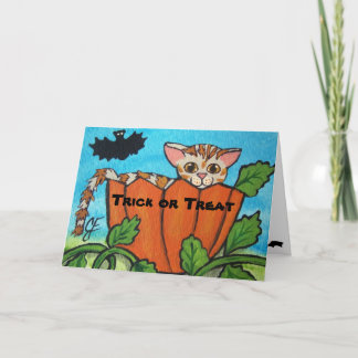 Trick or Treat Tabby Cat Halloween Pumpkin Card