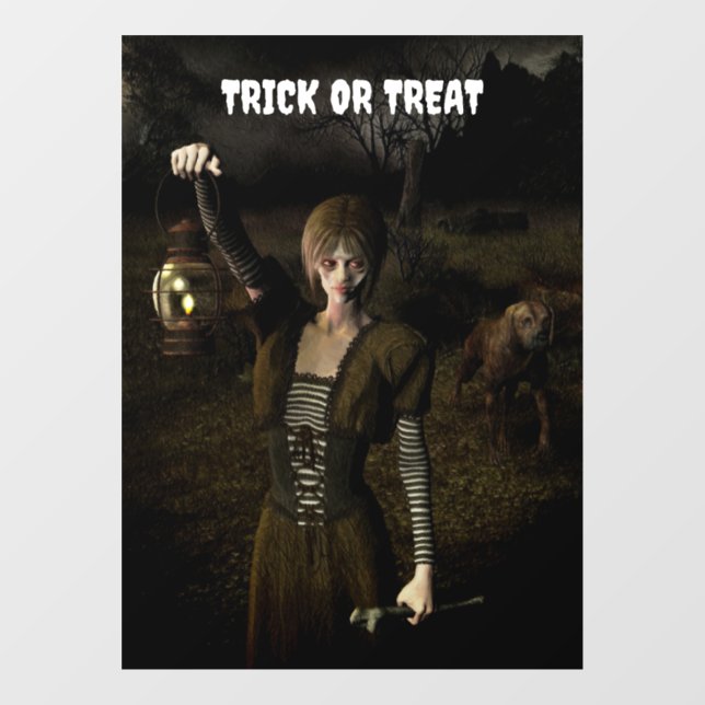 Trick or Treat. Thin female carrying lamp Window Cling (Sheet)