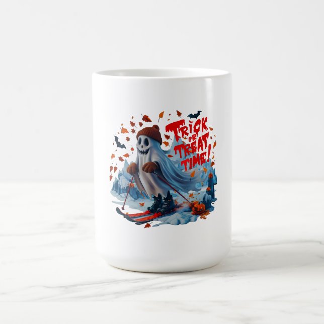 Trick or Treat Time: Ghost Skiing Fun Design  Coffee Mug (Center)