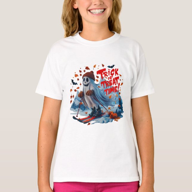 Trick or Treat Time: Ghost Skiing Fun Design  T-Shirt (Front)