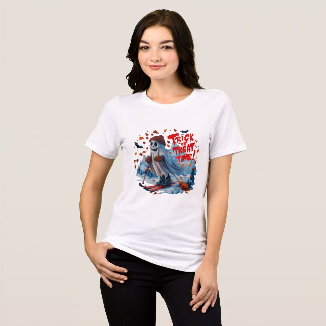 Trick or Treat Time: Ghost Skiing Fun Design  Tri-Blend Shirt (Front Full)