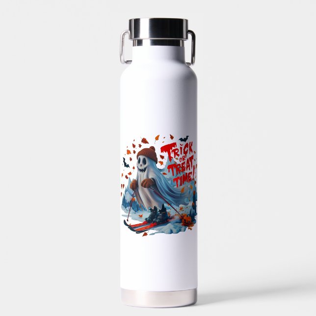 Trick or Treat Time: Ghost Skiing Fun Design  Water Bottle (Front)