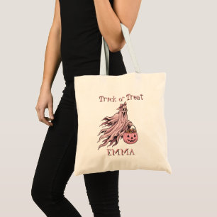 Trick or Treat Vintage Pink Ghost Custom Name Tote Bag