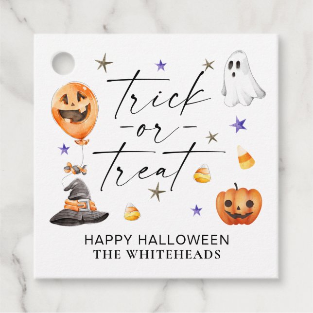 Trick or Treat Watercolor Halloween Party Favour Tags (Front)