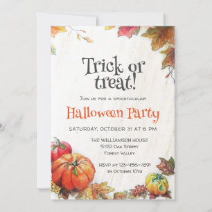 Trick or Treat Watercolor Pumpkin Boo Halloween Invitation