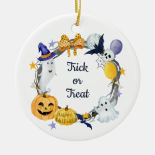 Trick or Treat Watercolor Pumpkin & Ghosts Wreath Ceramic Tree Decoration