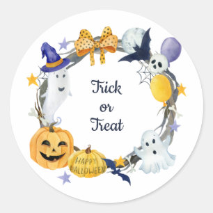 Trick or Treat Watercolor Pumpkin & Ghosts Wreath Classic Round Sticker