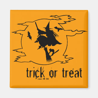 Trick or Treat Witch on Broom w/ Bats + Black Cat Magnet
