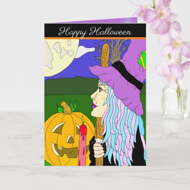 Trick or Treat Witch One Hand Drawn Cartoon Witch Card (Orchid)