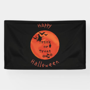 Trick or Treat with Witch & Bats on Orange Moon Banner