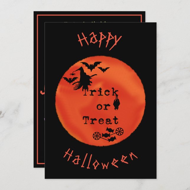 Trick or Treat with Witch & Bats on Orange Moon Invitation (Front/Back)